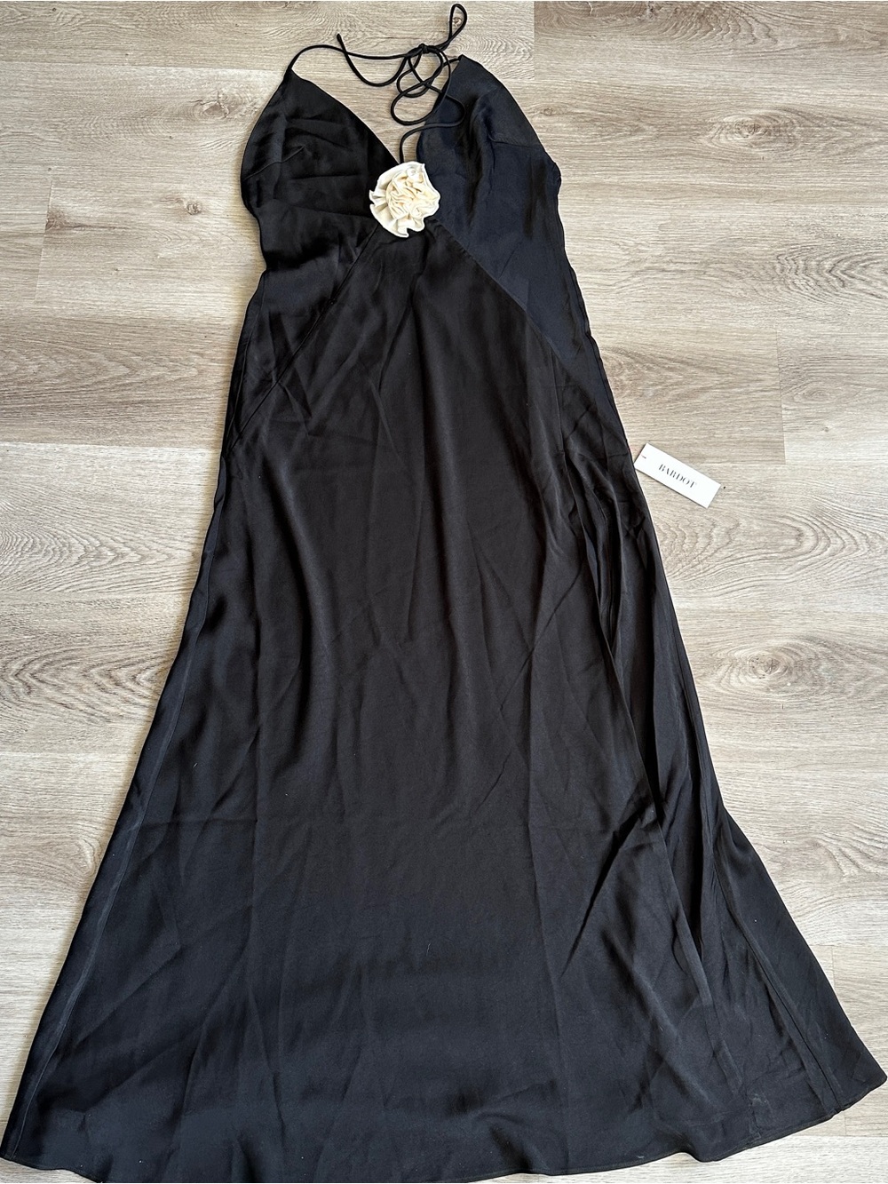 NWT Bardot Black Aradia Halter Maxi Dress with Cream Rosette US 8 L